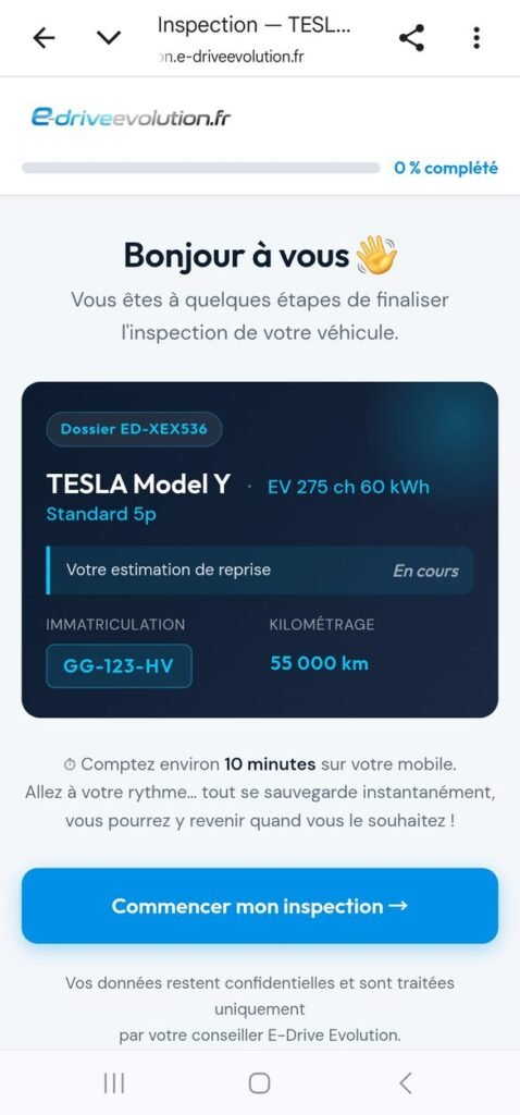 Écran d'accueil de l'application d'inspection E-Drive