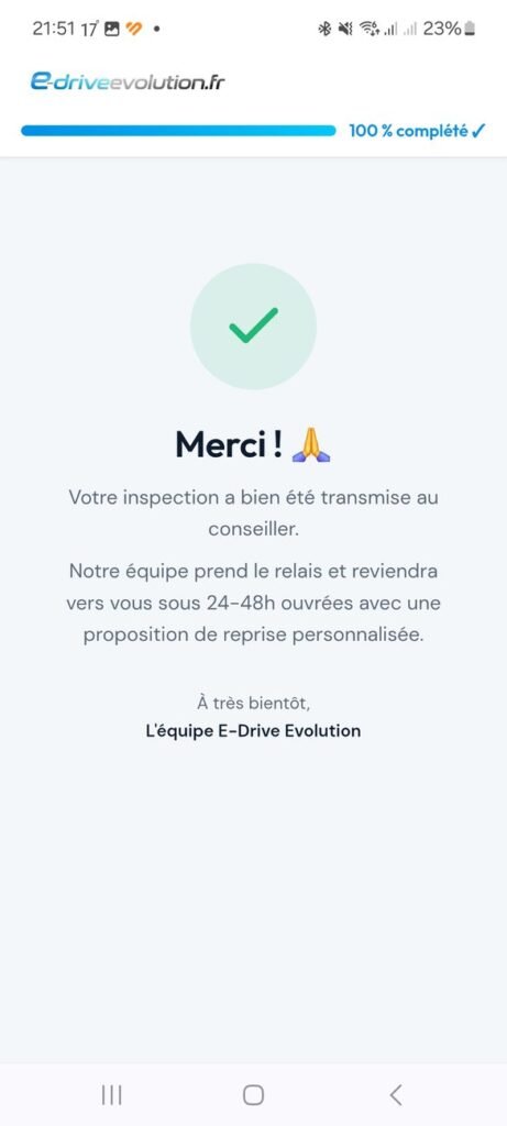 Écran de confirmation d'un dossier d'inspection terminé